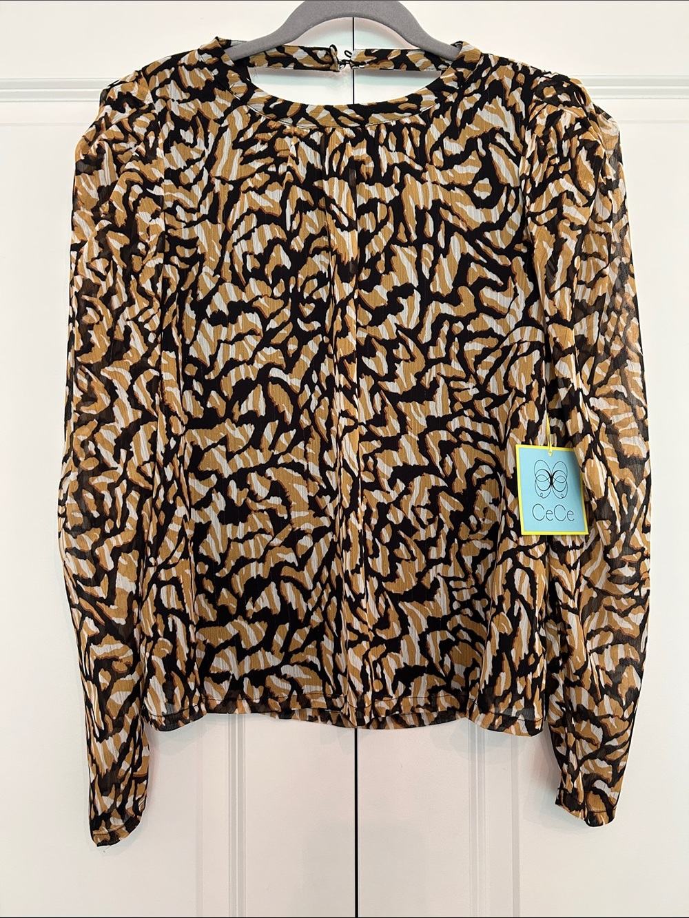 CeCe Tan and Black Printed Long Sleeve Blouse